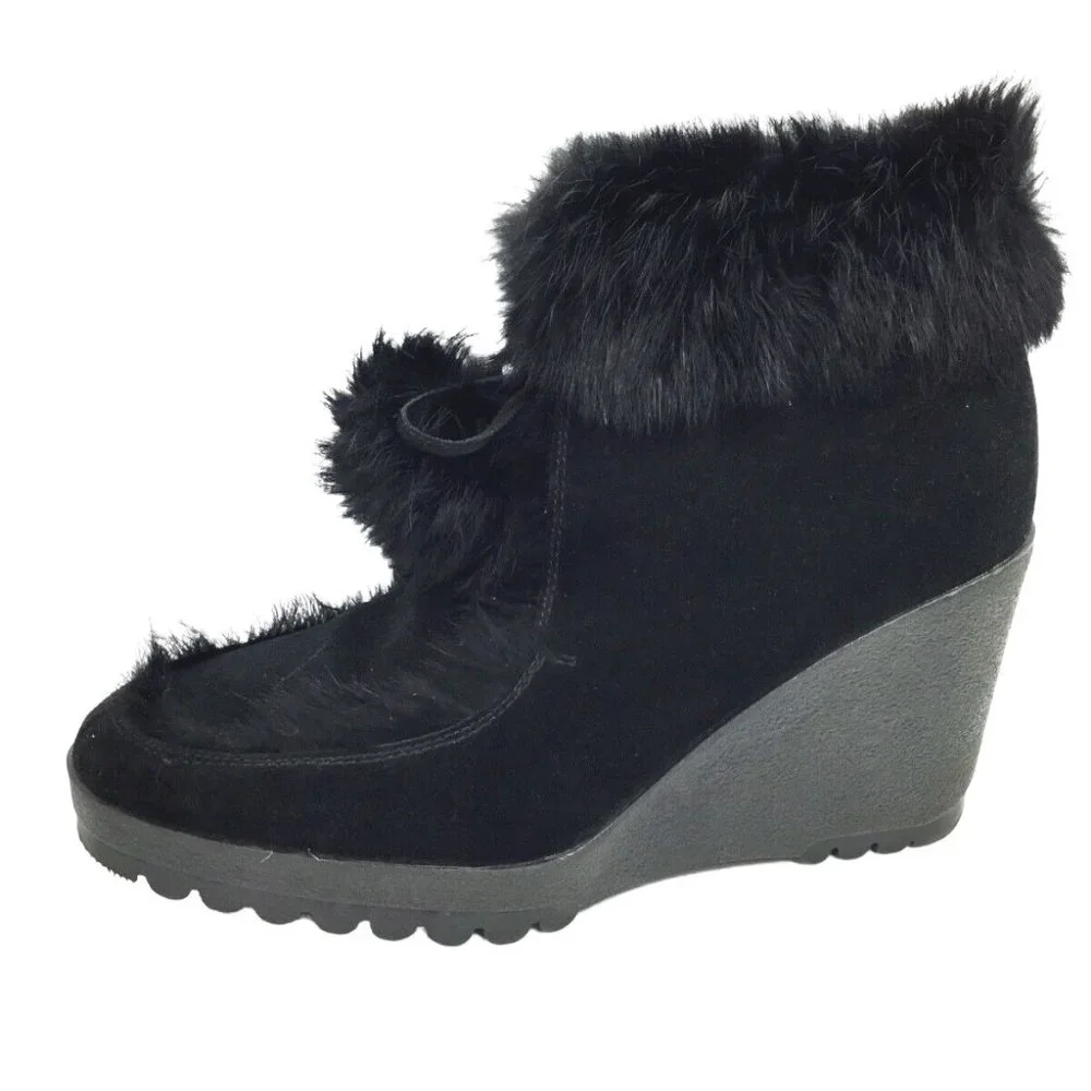 COACH Kataya Black Suede Rabbit Fur Trim Lace Up‎ Wedge Booties